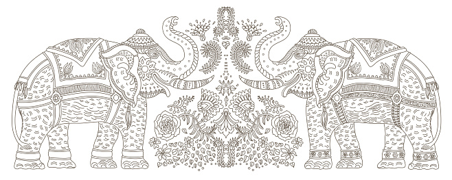 Vector border of decorative ornate Indian elephant with tropical leaves and flowers. Golden contour thin line ornaments on a black background. Coloring book page for adults and children
