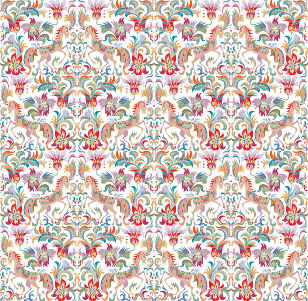 Vector border seamless pattern. Fantasy unicorn horse, tree, fairy tale flowers, leaves with ornaments on a white background. Embroidery, wallpaper fringe, textile print, wrapping paper Vector border seamless pattern. Fantasy unicorn horse, tree, fairy tale flowers, leaves with ornaments on a white background. Embroidery, wallpaper fringe, textile print, wrapping paper horse borders stock illustrations