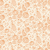 istock Vector botanical seamless pattern with pumpkins, flowers and leaves in sketch style. Flat pastel background of pumpkins, squash and seeds. Cute autumn texture for thanksgiving, harvest and halloween. 1319197560