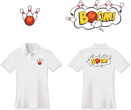 Vector bowling polo t-shirt print design. Bowling ball and skittles.