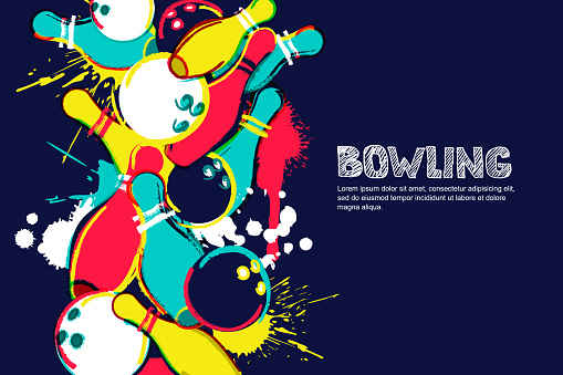Vector bowling watercolor illustration. Balls and pins on colorful splash background. Design for banner, poster or flyer