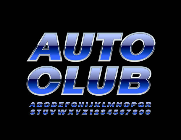 Vector bright Emblem Auto Club. Chic Blue and Silver Alphabet Letters Glossy Stylish Font garage patterns stock illustrations