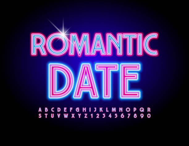 Vector bright invitation Romantic Date. Neon Alphabet Letters and Numbers set Glowing light Font date night stock illustrations