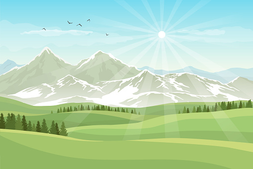 Vector bright landscape with green meadows, forests, mountains with snow and shining sun in blue sky