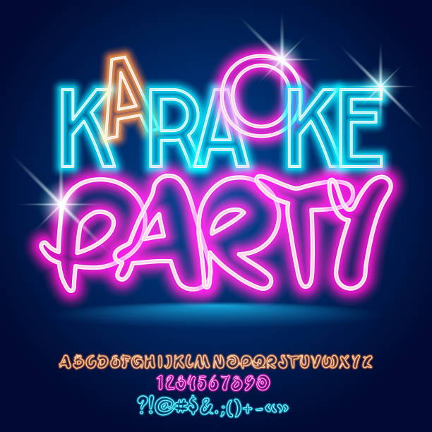 stockillustraties, clipart, cartoons en iconen met vector helder verlicht neon poster karaokeparty - karaoke
