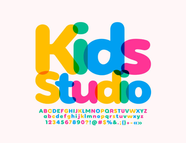 Vector bright sign Kids Studio. Set of watercolor Alphabet Letters, Numbers and Symbols Creative Colorful Font childhood stock illustrations