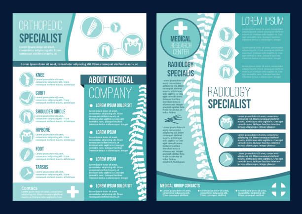 Vector brochure for orthopedics health center Orthopedics health center or radiology orthopedic research company brochure templates. Vector flat design of body joints and spine bones for orthopedic diagnostics or corrective therapy hospital orthopedics stock illustrations
