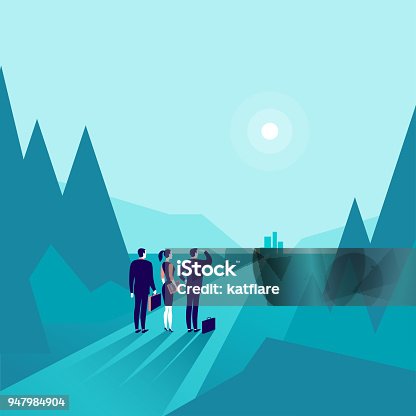 istock Vector business concept illustration with business people standing at forest edge & watching on horizon city. 947984904