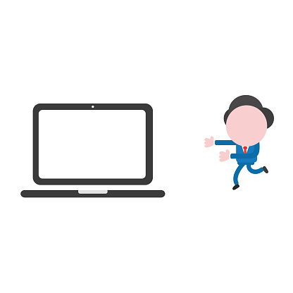 Vector businessman character running to laptop computer