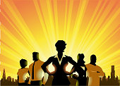 A silhouette style illustration of a team of businessmen with female leader with city skyline and sunburst in the background.