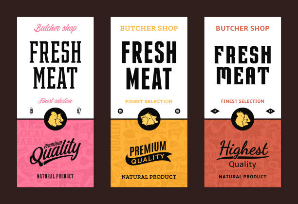 Vector butchery labels Fresh meat modern style labels. Farm animals icons. Butcher shop pattern and design elements. pig designs stock illustrations
