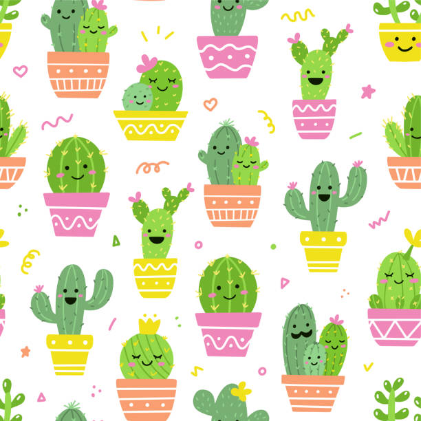Vector cactus seamless pattern Vector cactus seamless pattern. Kawaii cacti with fun faces. Ideal for baby textiles or wrapping paper. cactus backgrounds stock illustrations