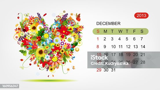 istock Vector calendar 2013, december. Art heart design 160956347