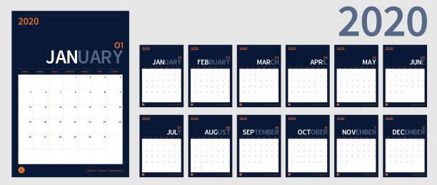 vector Calendar 2020 new year planner set 12 month in clean minimal table simple design style and navy blue color,vertical holiday event template calender,Week Starts Sunday. vector Calendar 2020 new year planner set 12 month in clean minimal table simple design style and navy blue color,vertical holiday event template calender,Week Starts Sunday 2020 stock illustrations