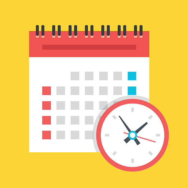Vector calendar and clock icon. US version. Flat design illustration Vector calendar and clock icon. US version. Isolated on yellow background. Flat design illustration time illustrations stock illustrations