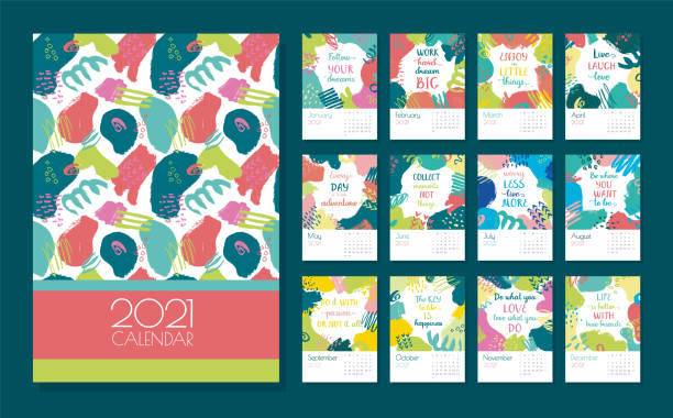 vector calendar for 2021. Editable and printable template with bright abstract elements: paint strokes, stripes, spots, dots and lettering of quotes. Set of 12 vertical sheets and a cover. vector calendar for 2021. Editable and printable template with bright abstract elements: paint strokes, stripes, spots, dots and lettering of quotes.Planner. Set of 12 vertical sheets and a cover. calendar patterns stock illustrations