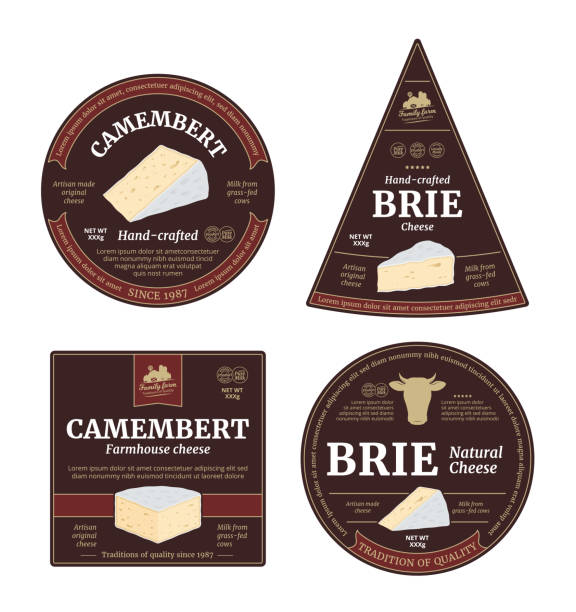 Vector camembert and brie cheese labels and cheese icons Vector camembert and brie cheese labels and packaging design elements. Camembert and brie cheese detailed icons brie stock illustrations