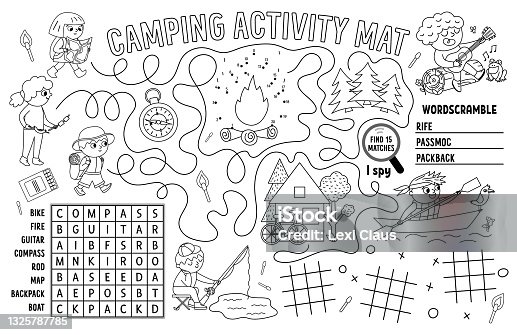 istock Vector camping placemat. Summer camp holidays printable activity mat with maze, tic tac toe charts, connect the dots, wordsearch. Black and white play mat or coloring page with cute kids 1325787785