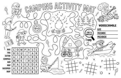Vector camping placemat. Summer camp holidays printable activity mat with maze, tic tac toe charts, connect the dots, wordsearch. Black and white play mat or coloring page with cute kids