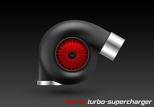 Vector car turbocharger isolated on dark background. Realistic black turbine with red fan icon. Tuning turbo superchardger