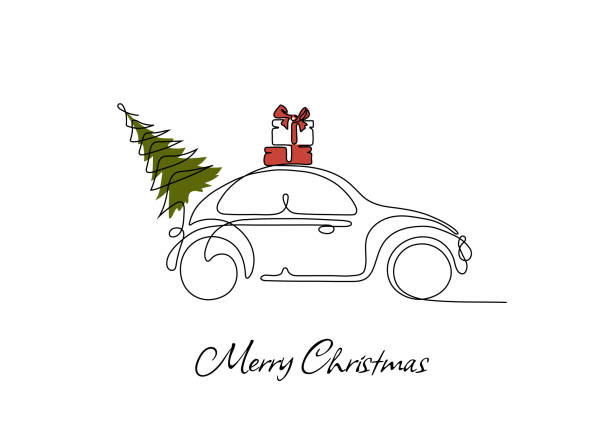 Vector car with christmas tree and gift boxes. Vintage car with christmas tree and gift boxes. Vector Xmas single line drawing illustration. Merry Christmas and Happy New Year Postcard or Poster or Flyer template with pickup truck. Logo. roofing business card stock illustrations