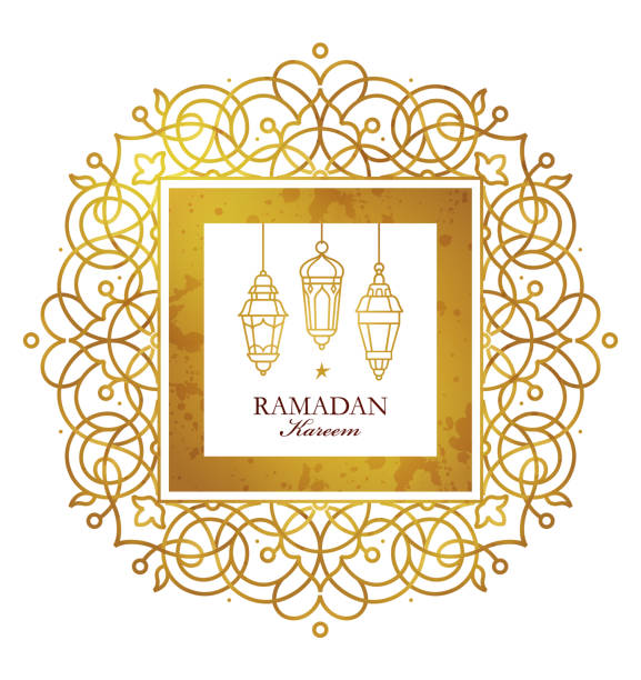 Vector card for Ramadan Kareem greeting. Vector Ramadan Kareem card. Vintage gold banner with lanterns for Ramadan wishing. Arabic shining lamps. Eastern style. Islamic background. Card for Muslim feast of the holy of Ramadan month. fanous stock illustrations
