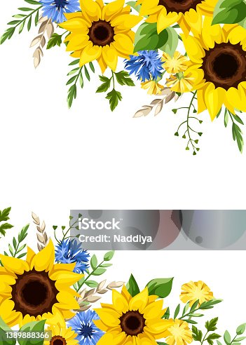 istock Vector card with blue and yellow flowers. Greeting or invitation card design 1389888366