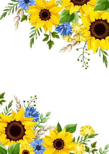 Vector card with blue and yellow flowers. Greeting or invitation card design