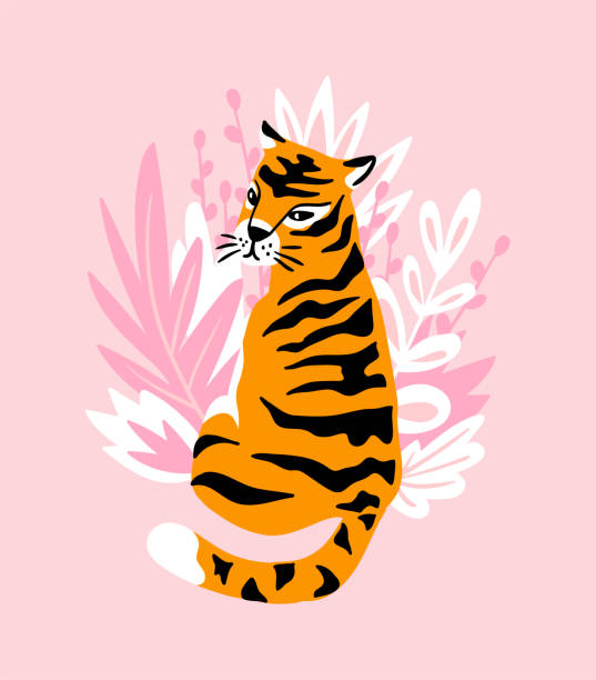 Vector card with cute tiger on the pink background and tropical leaves. Beautiful animal print design for t-shirt.  Fashionable poster for home decor. Vector card with cute tiger on the pink background and tropical leaves. Beautiful animal print design for t-shirt.  Fashionable poster for home decor. exotic asian girls stock illustrations