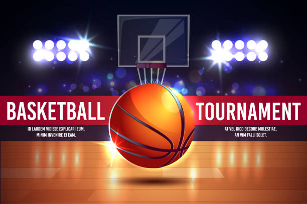 Vector cartoon ad poster, banner with basketball tournament Vector cartoon ad poster, banner with basketball tournament - shining ball on a court. Sports arena with spotlights, fan sector. Playground for competition, championship. Space for viewers, fan sector basketball court stock illustrations