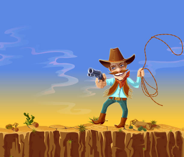 Vector cartoon american cowboy with gun and lasso Vector cartoon cowboy in american traditional costume, jeans, hat, waistcoat and boots, with gun and lasso in hands. Wild west concept illustration with desert landscape and canyon on background texas shooting stock illustrations