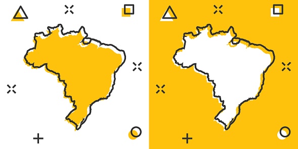 Vector cartoon Brazil map icon in comic style. Brazil sign illustration pictogram. Cartography map business splash effect concept.