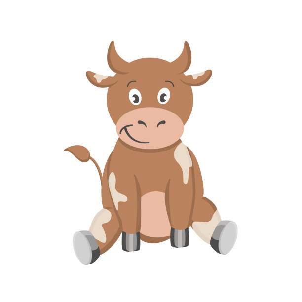 Vector cartoon brown cow sitting. A cow with white spots on a white background is isolated Vector cartoon brown cow sitting. A cow with white spots on a white background is isolated brown cow stock illustrations