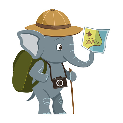 Vector cartoon character illustration of a cute little elephant wearing explorer hat, backpack and photo camera, holding a map in its trunk. Outdoor, camping, nature, sightseeing, exploring concept.