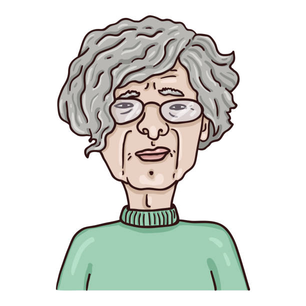 Vector Cartoon Character - Old Woman. Female Retired Person Portrait. Vector Cartoon Character - Old Woman with Wavy Hair and Eyeglasses. Female Retired Person Portrait. cartoon of a wrinkled old lady stock illustrations