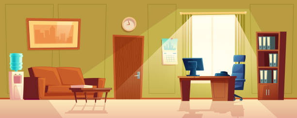 illustrazioni stock, clip art, cartoni animati e icone di tendenza di ufficio vuoto cartone animato vettoriale con finestra, interni moderni - corridoio ufficio