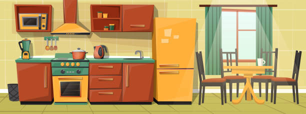 ilustrações de stock, clip art, desenhos animados e ícones de vector cartoon family kitchen with appliances, furniture - family modern house window