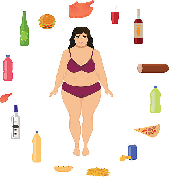 Vector cartoon fat woman and unhealthy food Vector illustration cartoon fat woman and unhealthy food. Girl and harmful, junk nutrition. Concept of human unhealthy lifestyle, female obesity. Flat style. Female body and alcohol, fatty fast food. big fat girl drawing stock illustrations
