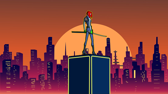 Vector Cartoon Female Ninja in Futuristic City Stock illustration