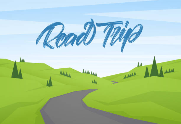 ilustraciones, imágenes clip art, dibujos animados e iconos de stock de vector de dibujos animados paisaje de verano con letras manuscritas tipo de viaje por carretera - road trip