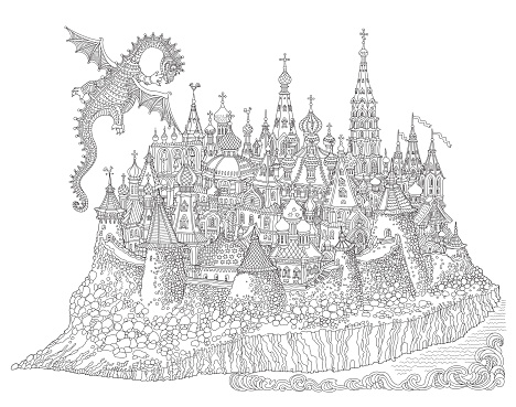 Vector cartoon flying dragon and fairy tale medieval Russian island castle town. Adults and children coloring book page