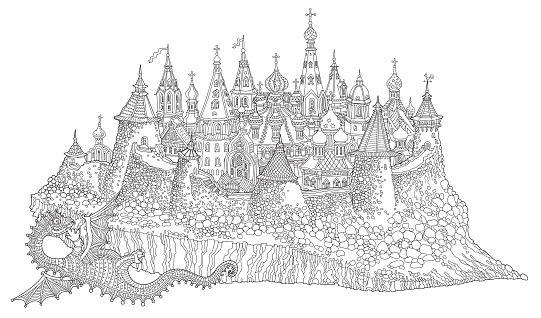 Vector cartoon folklore character, lying dragon looking at fairy tale medieval Russian castle town. Adults and children coloring book page