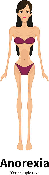 Vector cartoon girl with anorexia nervosa Vector illustration of a cartoon girl with anorexia nervosa. Isolated white background. Flat style. Icon is very thin woman. Female disease bulimia. Consequences of anorexia syndrome. ugly skinny women stock illustrations