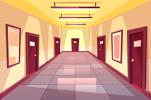 Vector cartoon hallway, corridor with many doors