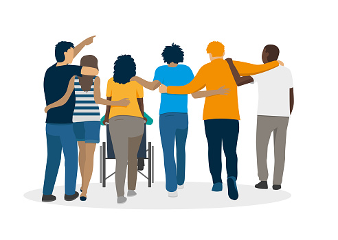 Vector cartoon illustrating human solidarity with friends of different race and culture hugging and moving forward together. They help each other. one is disabled.