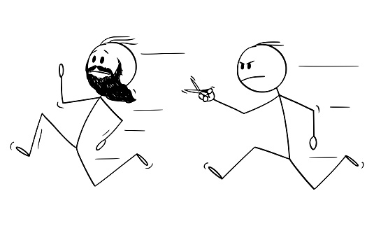 Vector Cartoon Illustration of Bearded Hipster Man with Full Beard Running Away from Angry Barber with Scissors