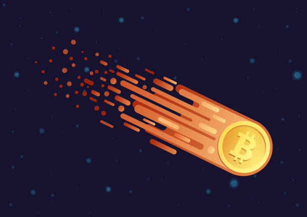 ilustraciones, imágenes clip art, dibujos animados e iconos de stock de vector ilustración de dibujos animados de cometa con bitcoin oro símbolo volando en el espacio abierto de la galaxia. bitcoin que va hacia abajo. - bitcoin