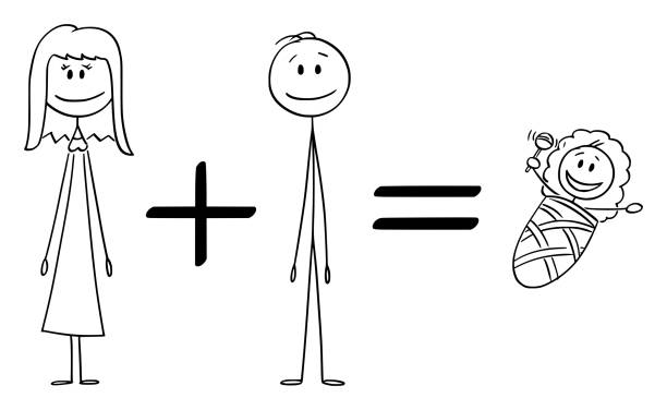 вектор мультфильм иллюстрация концептуальная формула женщина плюс человек равно baby - baby formula stock illustrations