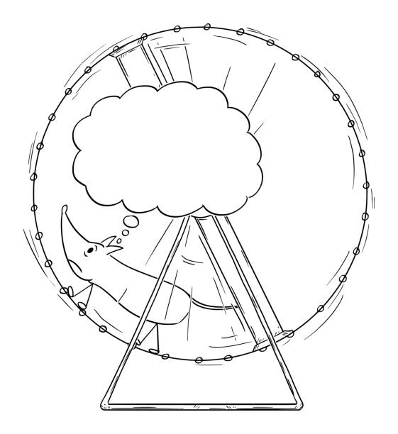あなたのテキストのための空のスピーチバブルでホイールで実行されているイライラマウスのベクトル漫画のイラスト - ハムスターホイール点のイラスト素材／クリップアート素材／マンガ素材／アイコン素材