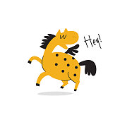 Vector cartoon illustration of funny horse with wings and phrase HEY
